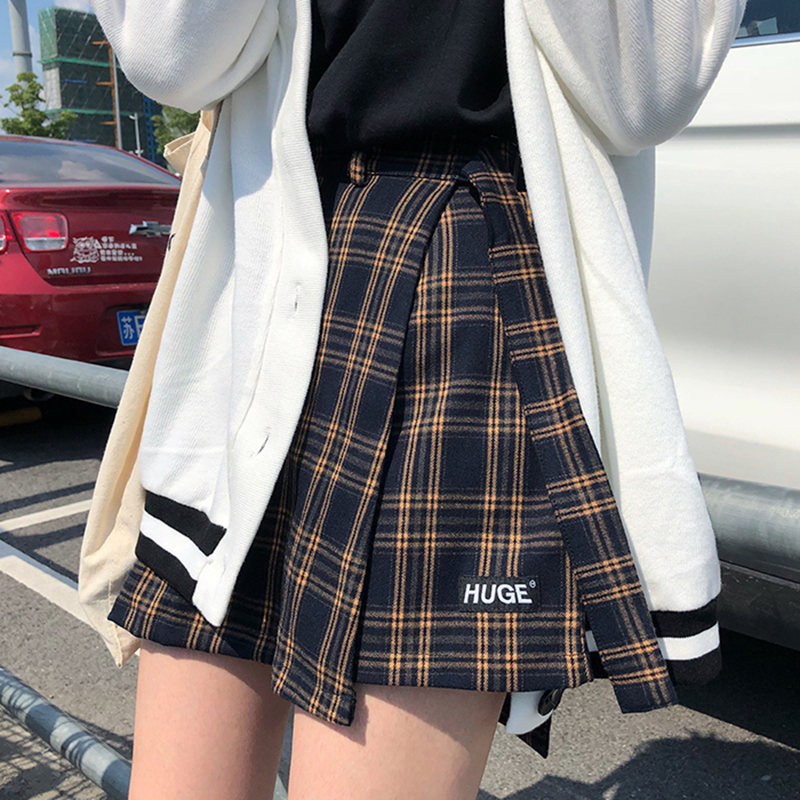 韓国オシャレ不規則チェック柄３色スカートパンショートパンツ