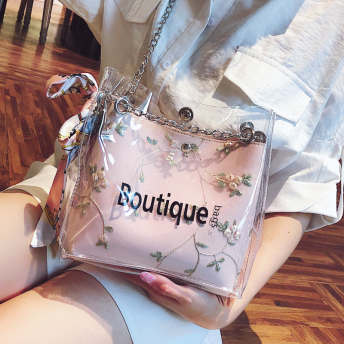 スウィートファッション刺繍春夏PVCオープン肩掛けハンドバック植物柄トートバッグ