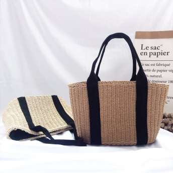 秋冬優しい雰囲カジュアル気紐締め大容量草編み手持ち配色ハンドバッグ