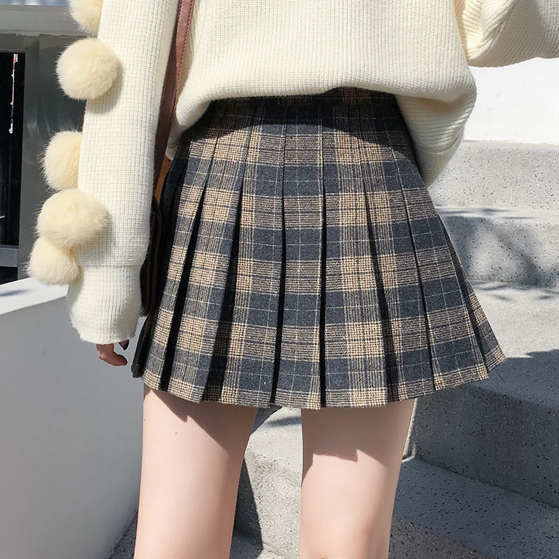 秋冬ラシャハイウエストキャンパス韓国系プリーツスカート