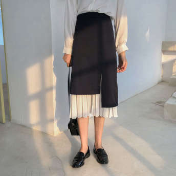 韓国ファッション配色ハイウエスト台形スカート