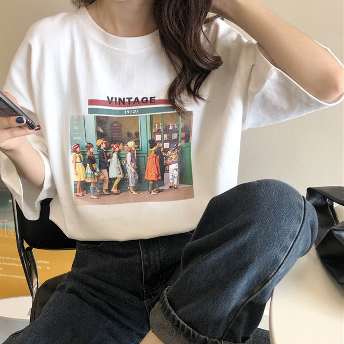 プリント韓国風ルーズ着痩せ合わせやすいキャンパスカジュアルTシャツ
