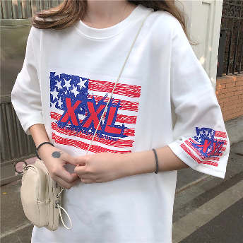 韓国系半袖プリントプルオーバーカジュアルTシャツ