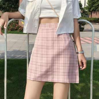 韓国風可愛い学園風チェック柄つき着瘦せハイウエストスカート