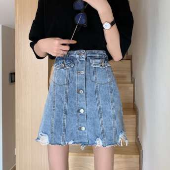 韓国風超人気エッジングハイウエスト着瘦せボタン付き上質スカート