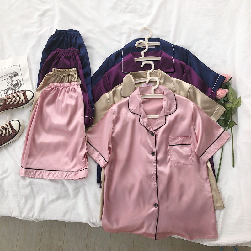 シンプル韓国夏ファッション折り襟半袖トップス＋ショートパンツ2点セットパジャマルームウェア