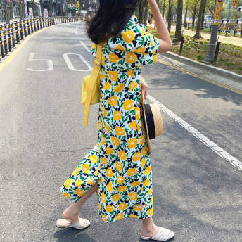 韓国風ファッションプリントパフスリーブスリムエレガントロングデートワンピース