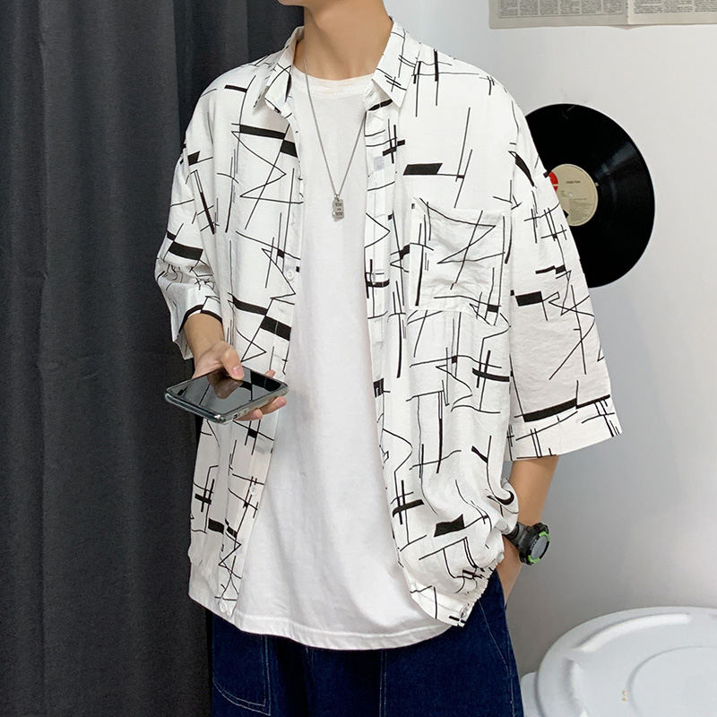 プリント柄 レトロ 夏ファッション ゆったり カジュアル シンプル 韓国ファッション メンズシャツ