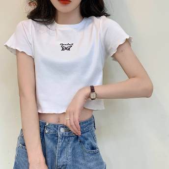 韓国系 ファッション シンプル 半袖 フリルスリーブ ショート丈 プルオーバー プリント Tシャツ