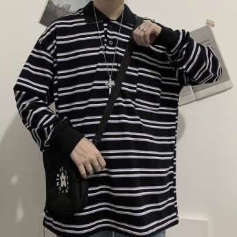 ポロシャツ レトロ ストライプ柄 合わせやすい 韓国ファッション メンズＴシャツ