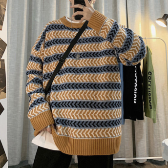 レトロ 無地 シンプル レトロ 韓国ファッション スポーツ風 メンズニットセーター