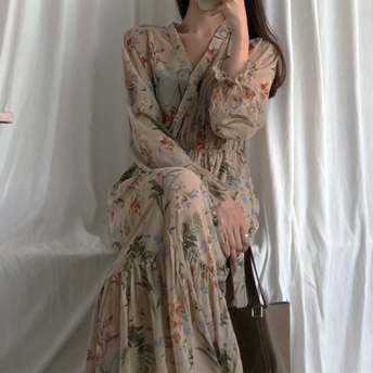 韓国系 女性らしい ファッション エレガント レトロ プリント Ｖネック ハイウエスト ロング デートワンピース