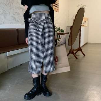 大人の定番 韓国系 ファッション 森ガール チェック柄 スリット リボン スカート