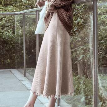 質感のいい 韓国系 ファッション 知的 シンプル フリンジ ロング ニット 秋冬 スカート