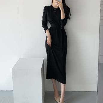 韓国風ファッション フェミニン シンプル ハイウエスト スリット エレガント 気質 スリム デートワンピース