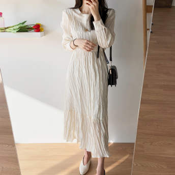 韓国系 フェミニン 優しい シンプル ファッション ラウンネック スリム エレガント ロング デートワンピース