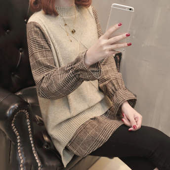 韓国通販 優しい雰囲気 合わせやすい フェイクインナー プルオーバー チェック柄 ラウンドネック セーター