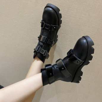 韓国の人気爆発 ストリート ファッション ブラック PU 抗菌防臭 フラットヒール 切り替え ショート丈ブーツ