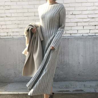 韓国風ファッション 女性らしい スリム ラウンネック シンプル 無地 ロング ニットワンピース