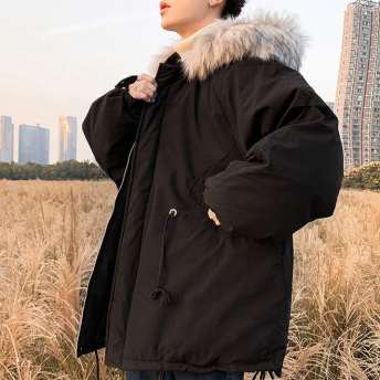 オールシーズンシンプル無地ファーフート付き韓国系ファッション学園風メンズアウター イケてる メンズダウンコート