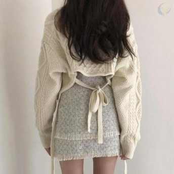 「単品注文」 韓国系ファッション ｖネック 編みフラワー セーター 「単品注文」 フリンジ チェック柄 スカート 上下セットアップ
