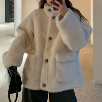 ファッション 無地 ラムウール 韓国通販 オススメ  スタンドネック シングルブレスト ジャケット
