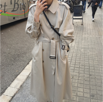 韓国通販 ファッション シンプル 無地 折襟 ダブルブレスト ベルト付き トレンチコート