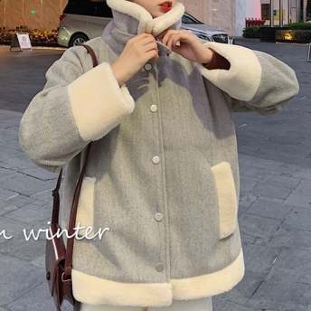 韓国通販 配色 長袖 スエードハイネック 折り襟 シングルブレスト カジュアル ダウンコート