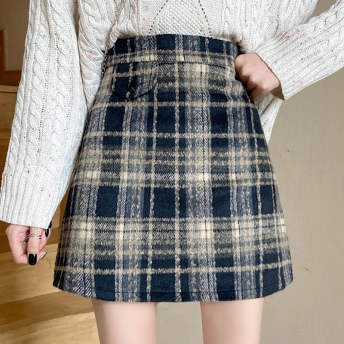 高級感 ファッション 韓国系 キャンパス チェック柄 配色 ラシャ 秋冬 美ライン ハイウエスト スカート