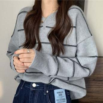 新作 カジュアル ボーダーⅤネック ゆったり 合わせやすい 長袖 ニットセーター