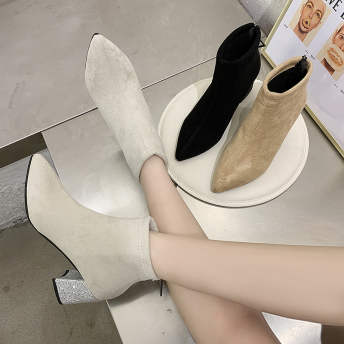 韓国通販 オススメ 履き心地いい 着痩せ ファッション スエード ミドルヒール ショート丈ブーツ