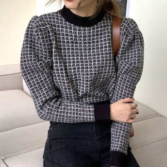 韓国風 レトロ チェック柄 配色 パフスリーブ ゆったり 着痩せ ニットセーター