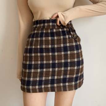 着心地良い レトロ スウィート 学園風 日系 チェック柄 配色 Aライン 切り替え スカート