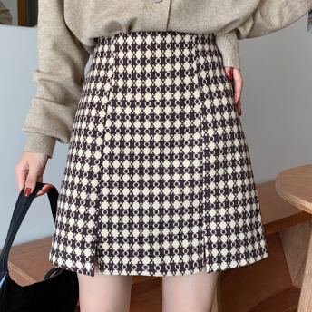 質感のいい レトロ スウィート ファッション チェック柄 配色 スリット Aライン ショート丈 スカート
