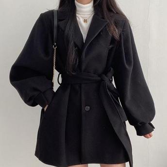 韓国通販 Chic エレガント 気質 無地 折襟 ランタンスリーブ ベルト付き コート