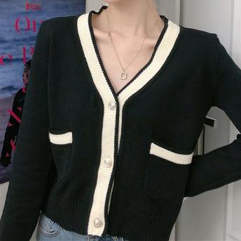 組み合わせやすい 韓国系 シングルブレスト 配色 ショート丈 長袖 ニットセーター