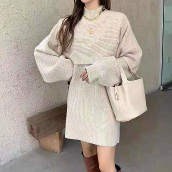 韓国風ファッション ミニスカート 厚さ 無地 セーター ＋ ノースリーブ シンプル ニットワンピース セットアップ