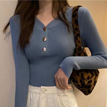 韓国系 ボタン Vネック 長袖 カジュアル キュート ファッション ニットセーター