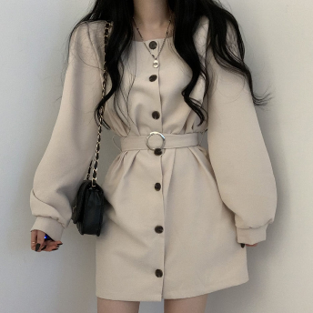 韓国ファッション セレブリティ エレガント 気質 フェミニン 無地 通勤 カジュアルワンピース