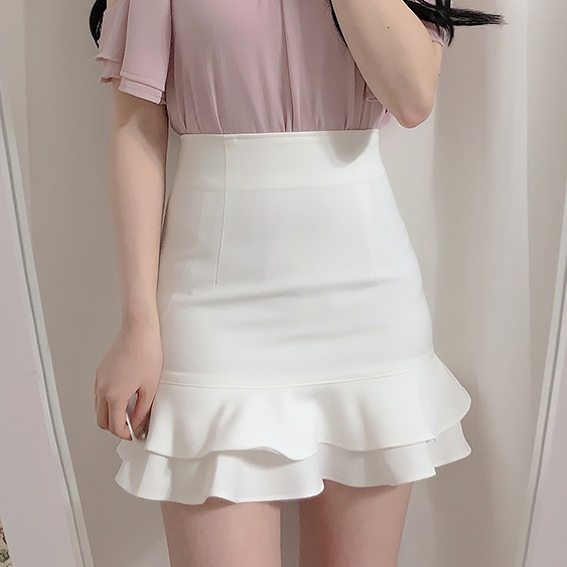 女子マスト スウィート セクシー 韓国系 無地 ギャザー飾り フリル 切り替え ショート丈 スカート