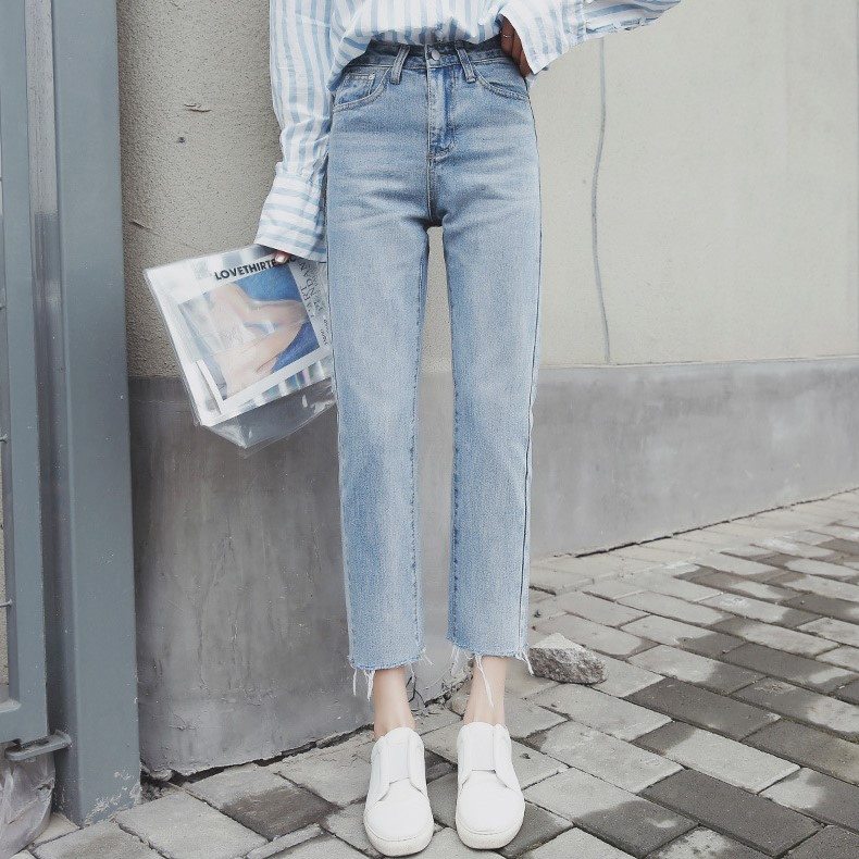 絶対流行 シンプル ファッション 韓国系 無地 エイジング加工 ハイウエスト ジーンズ