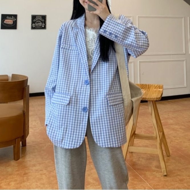 絶対可愛い 2色 韓国系 ファッション シングルブレスト チェック柄 長袖 折襟  スーツジャケット