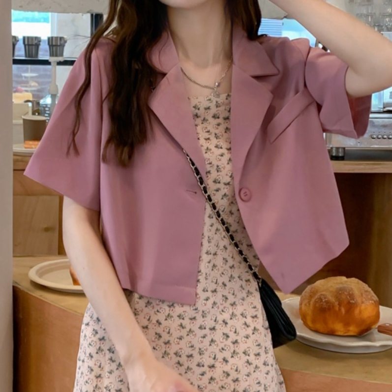 韓国通販 オススメ 2色 レディース 好感度100％ 無地 キャンパス シンプル 着痩せ 半袖  シングルブレスト ジャケット