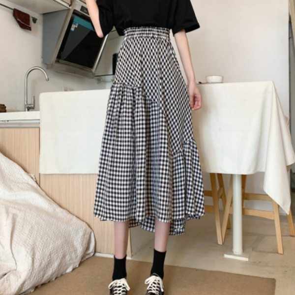 美人度アップ シンプル ファッション キュート 韓国系 チェック柄 フリル スカート
