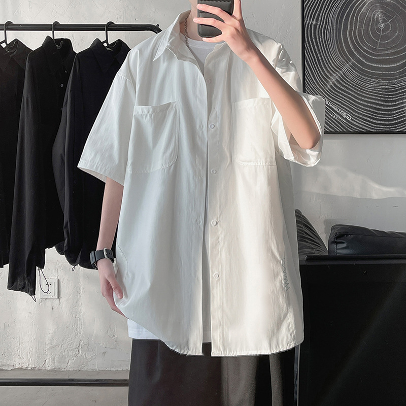 3色展開 韓国 ファッション おしゃれ ゆったり シングルブレスト 半袖 メンズ シャツ Dwstyle