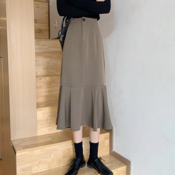 売れ切れ必至 韓国系 レトロ 通勤/OL ギャザー飾り フリル ロング ストレートスカート