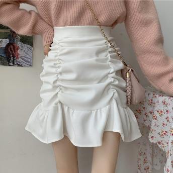 合わせやすい 韓国系 レトロ スウィート キュート 無地 ギャザー飾り フリル スカート