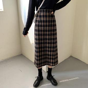 高級感 スウィート  フェミニン キャンパス チェック柄 配色 ロング ストレートスカート