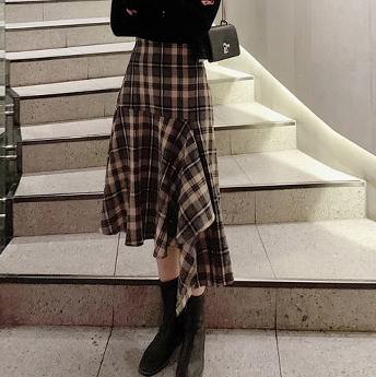 NO.1人気 韓国系 レトロ シンプル チェック柄 ギャザー飾り ハイウエスト スカート