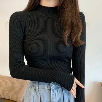 NO.1人気 合わせやすい 可愛い 無地 黒 カジュアル キュート ファッション ニットセーター